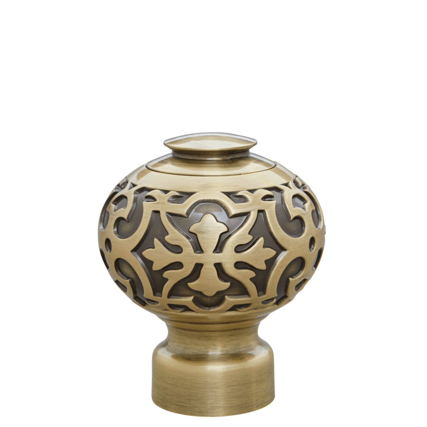 Decorative brass finial on a white background