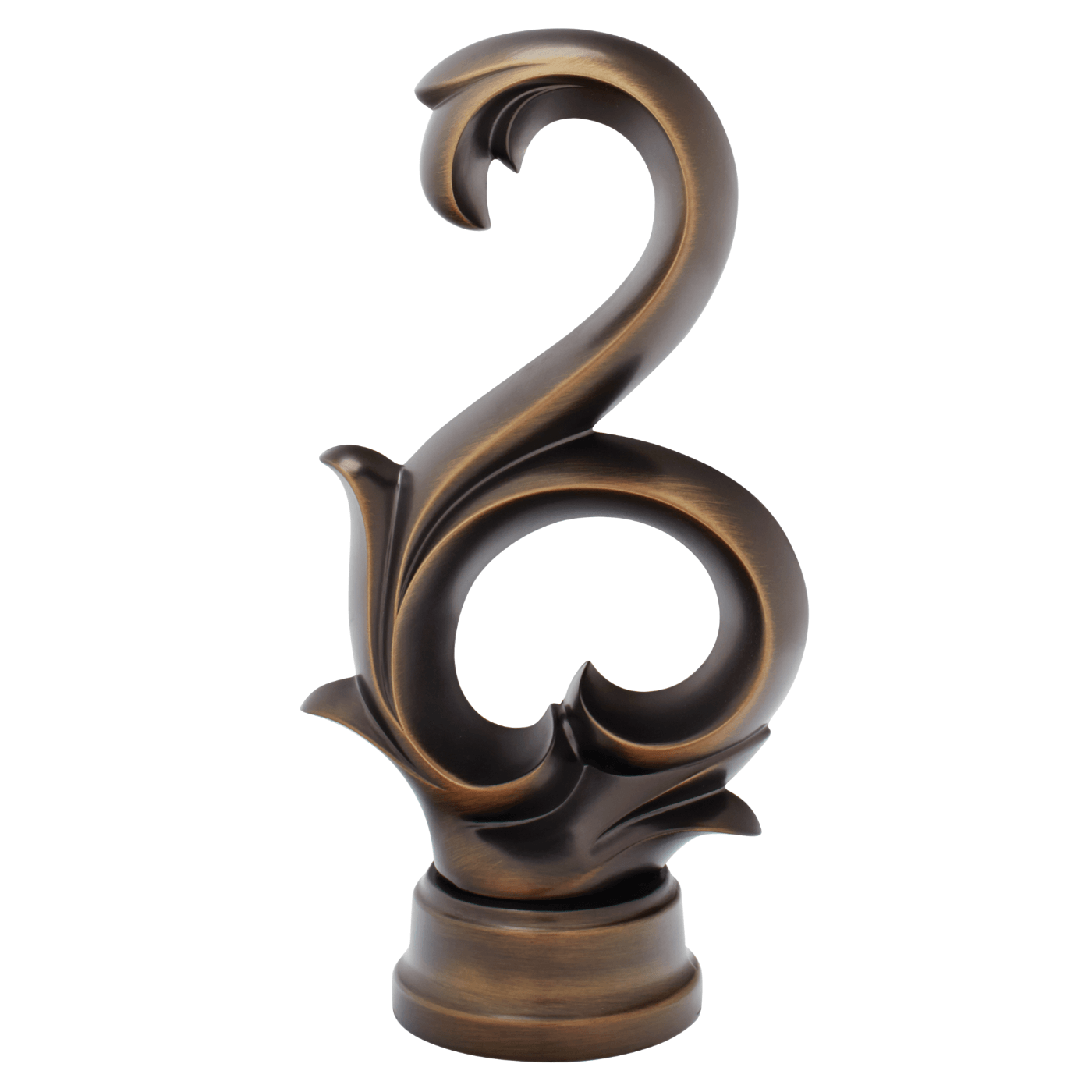 Decorative metal finial with swirling design on a white background