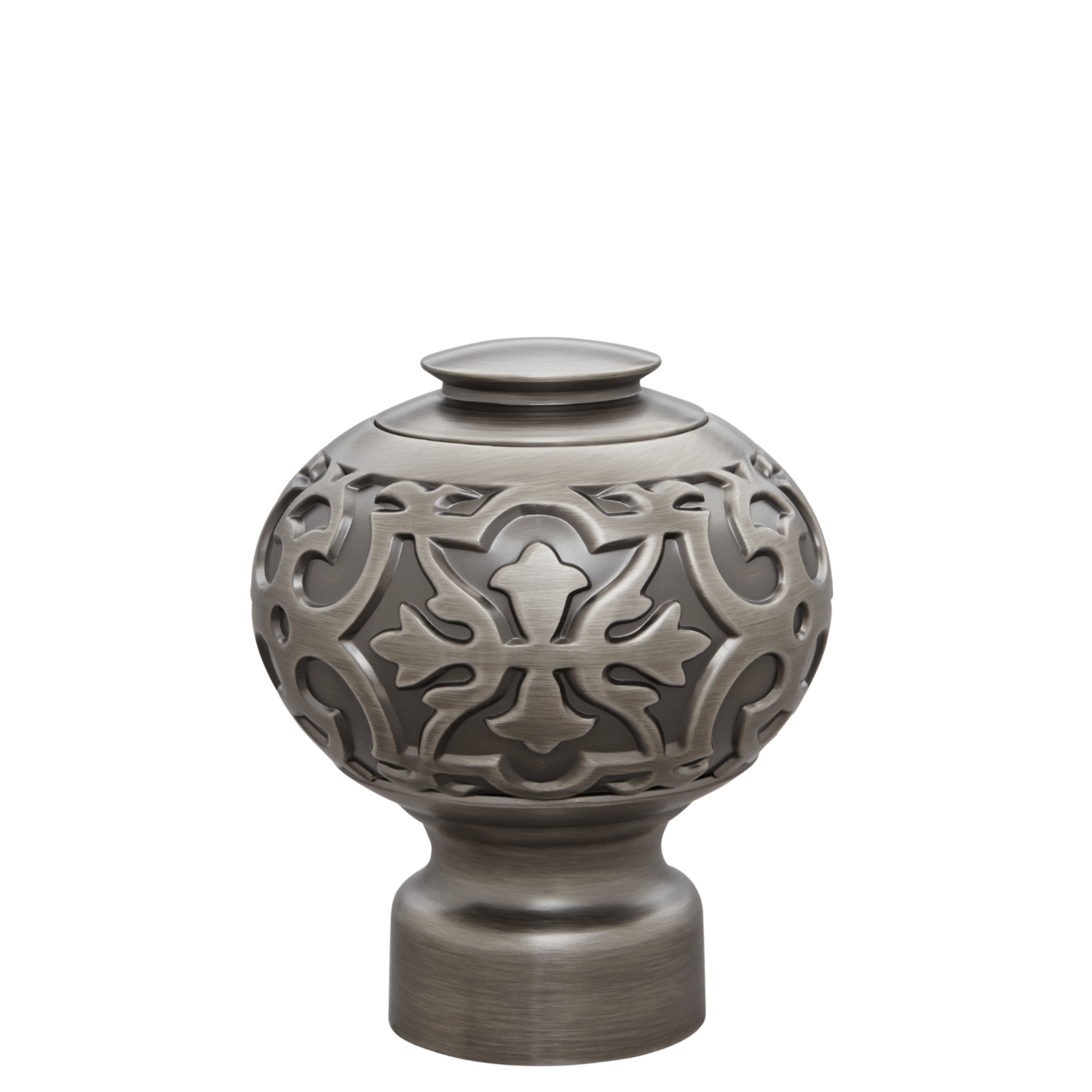 Decorative metal finial with intricate patterns on a white background
