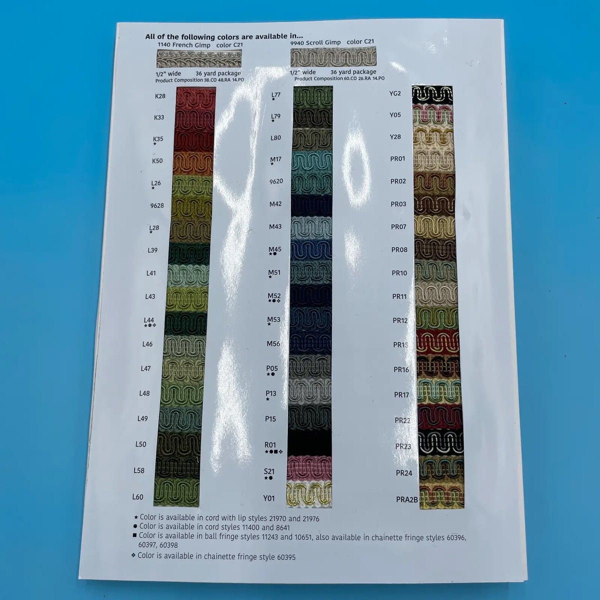 Decorative Conso Color Card - Scroll Gimp, French Gimp, Ball Fringe & Surrey Fringes