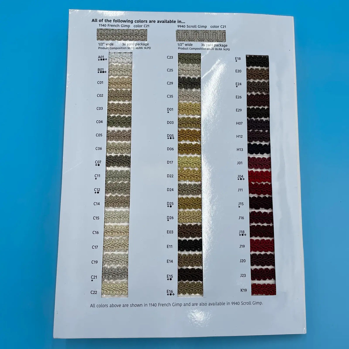 Decorative Conso Color Card - Scroll Gimp, French Gimp, Ball Fringe & Surrey Fringes