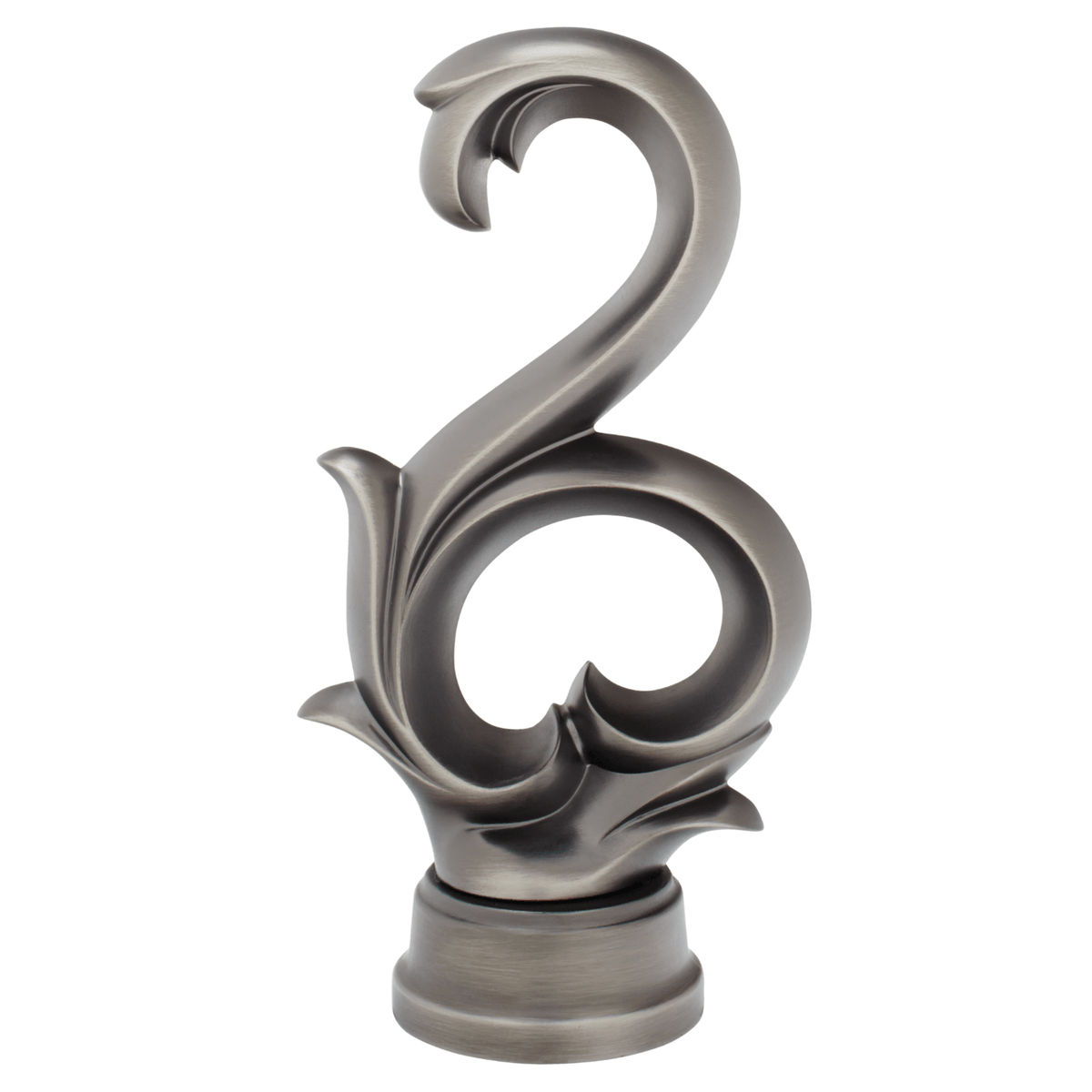 Decorative metal finial with intricate design on a white background