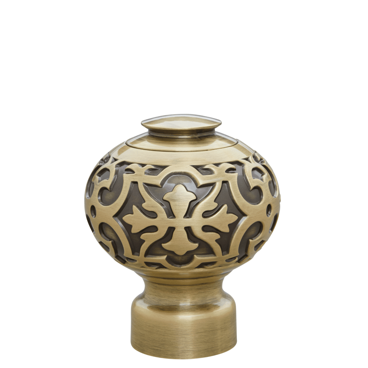 Decorative brass finial on a white background