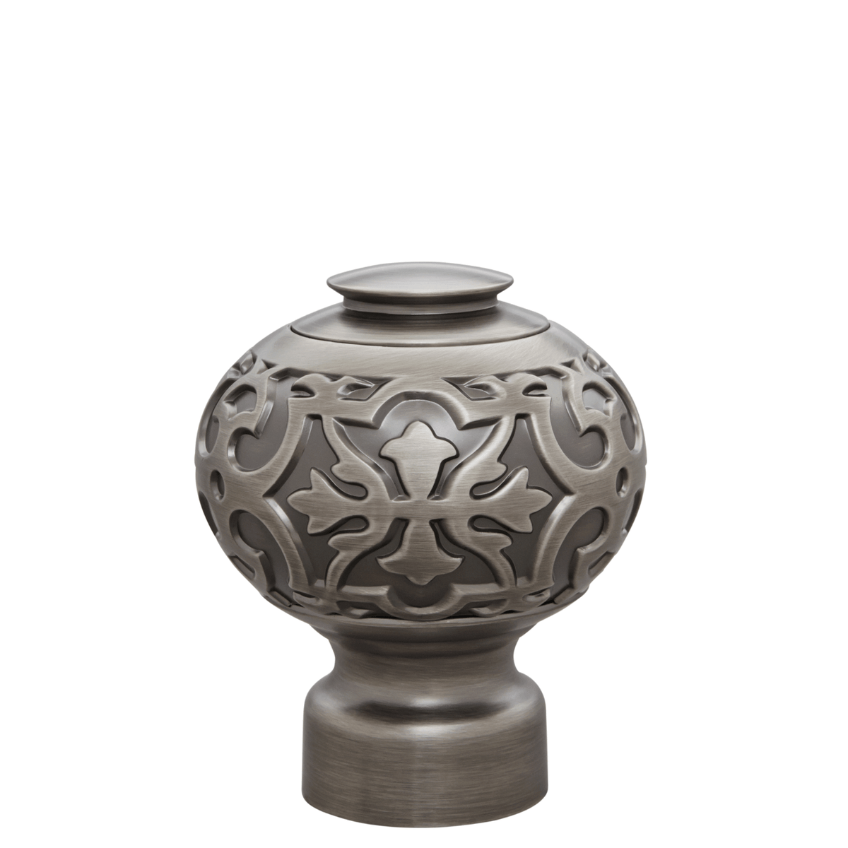 Decorative metal finial with intricate patterns on a white background