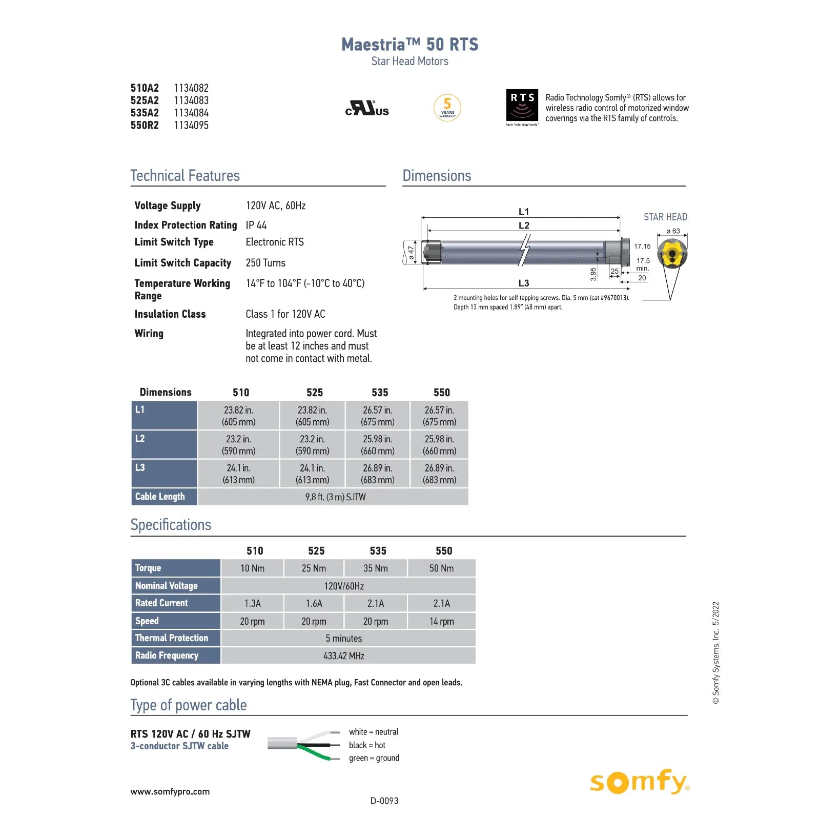 Somfy Maestria LT50 RTS Exterior Screen Motor Data Spec Sheet