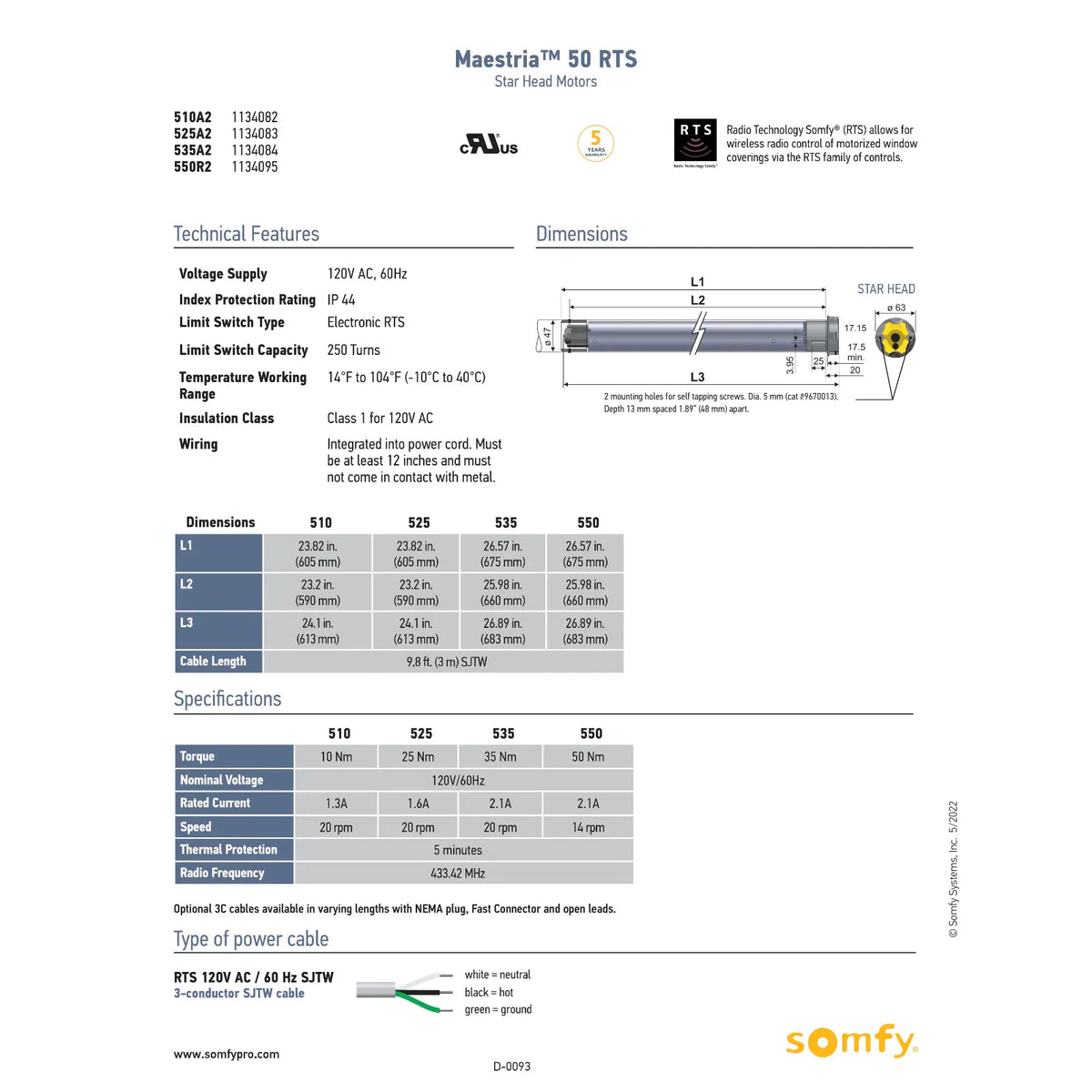 Somfy Maestria LT50 RTS Exterior Screen Motor Data Spec Sheet