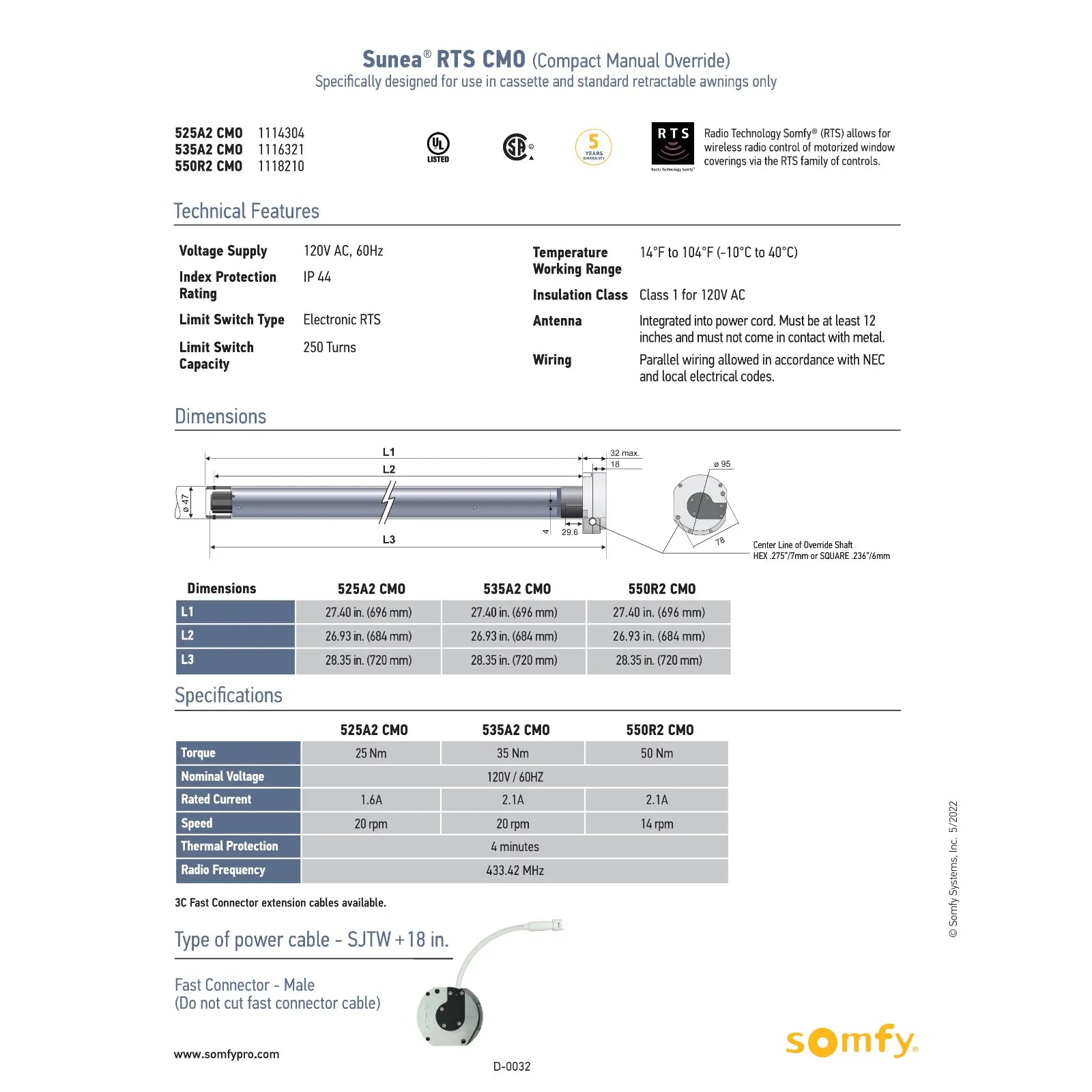 Somfy Sunea Data and Specification Sheet